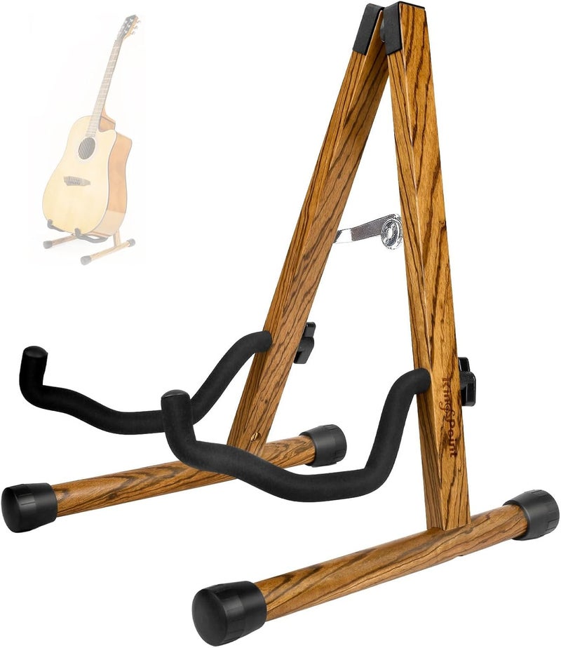 KingPoint Wood Guitar Stand, Guitar Floor Stand, Acoustic Electric Wooden A Frame Folding Guitar Holder Adjustable for Bass, Cello, Mandolin, Banjo, Ukulele（A-Frame-Zebra Wood） - Image 1